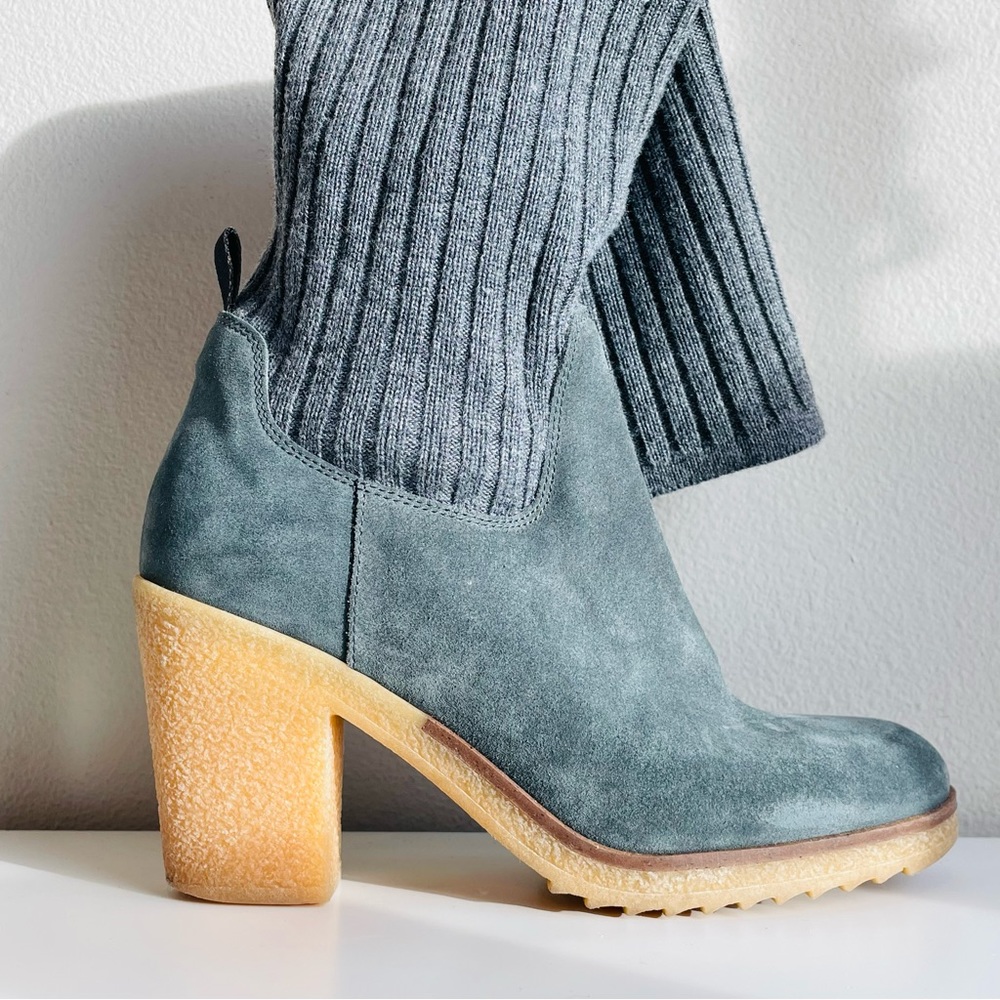 Anthropologie MISS ALBRIGHT Green Suede Gray Sweaterknit Boots, size 36 fall